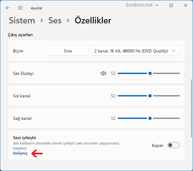 ses özellikleri gelişmiş ayarları
