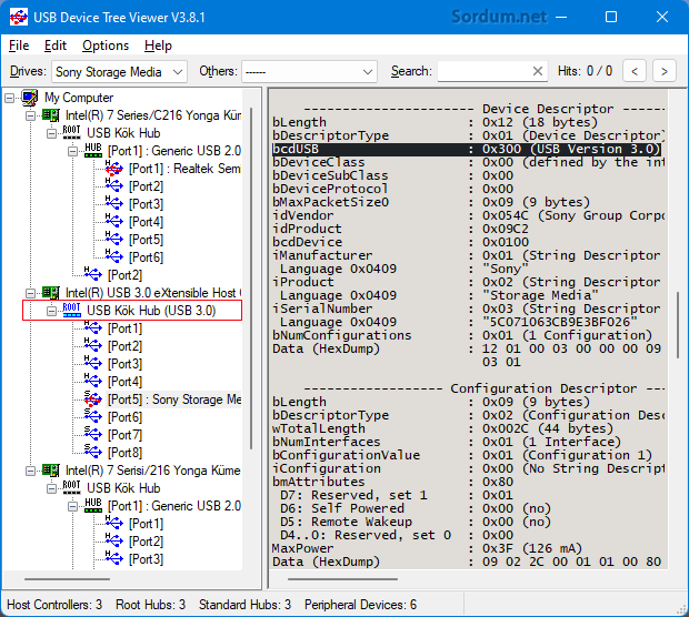 Device tree viewer ile USB 3.0 tespiti