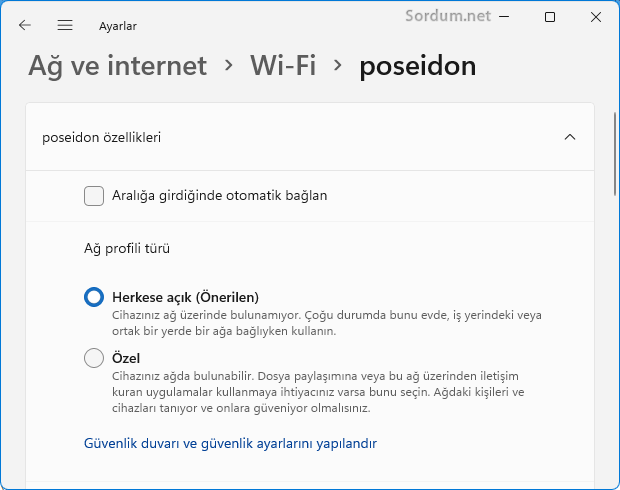 Wi-Fi ağını Özel veya herkese açık yap