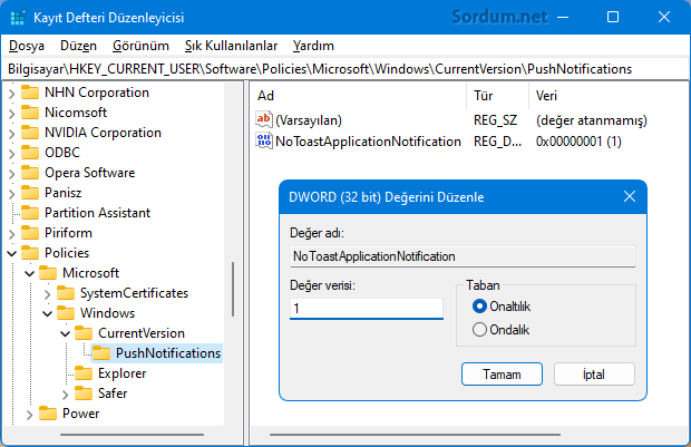Bildirimleri kapatma registry ayarı