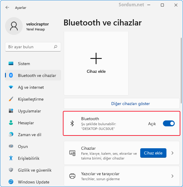 Ayarlar uygulamasından Bluetooth u açıp kapat