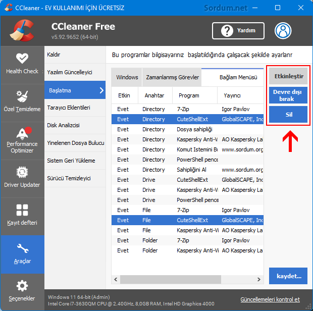 Ccleaner ile balan menüsünden girdi sil