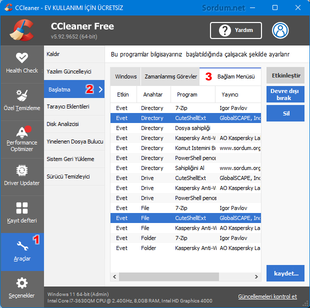 Ccleaner ile sağ tuş menüsünü temizle