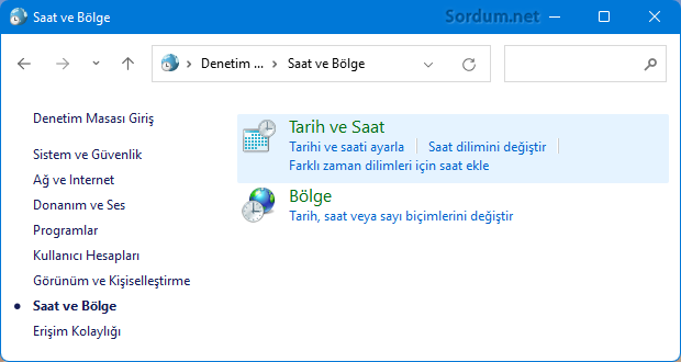 Denetim masası tarih ve saat