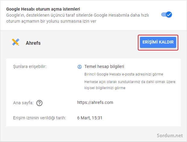 Uygulama erişim iznini kaldır
