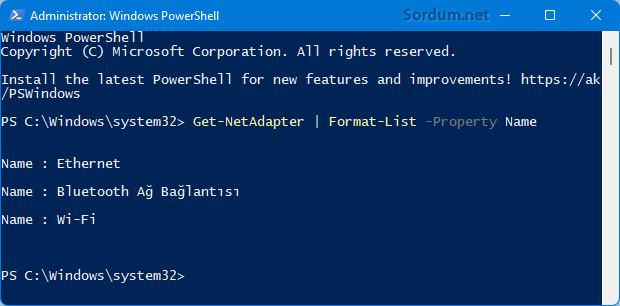 Powershell komutu ile ağ bağdaştırıcı isimleri