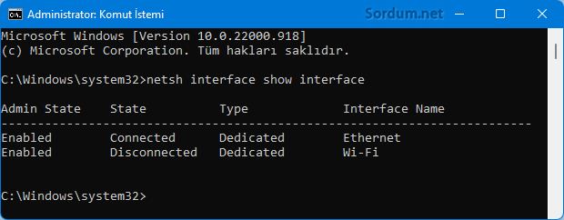 Cmd ile Ağ bağdaştırıcı isimlerini listeletin