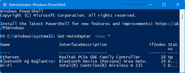 Powershell ile tüm ağ kartlarını bul