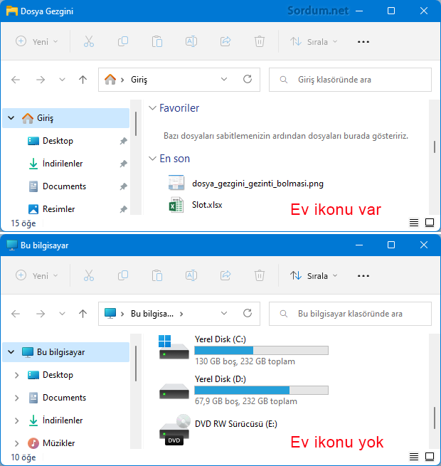 Dosya gezgini ev ikonu silindi