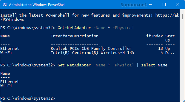 Powershell ile fiziksel ağ kartlarını bul