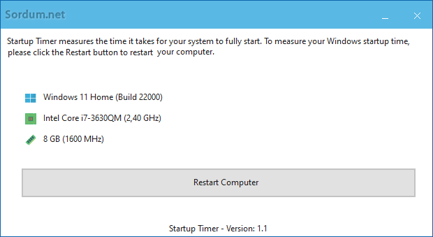 Startup timer arayüzü