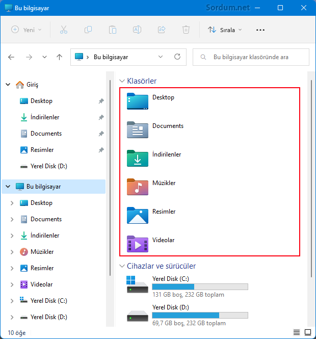 Bu bilgisayar kısmındaki klasörler
