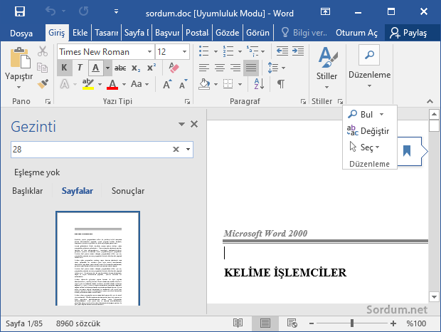 Microsoft Word te ayfa numarasına git