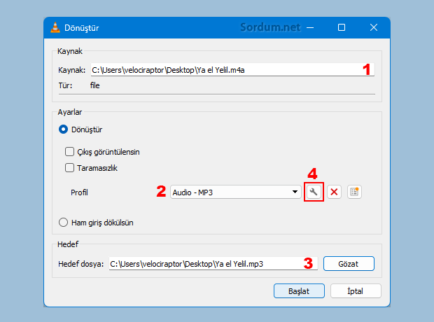 VLC dönüştürme seçenekleri
