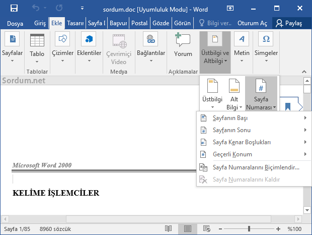 Word e sayfa numarası ekle