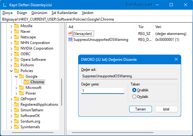 SuppressUnsupportedOSWarning registry değeri