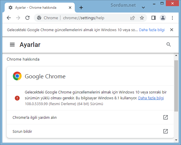 Chrome güncellemeleri için Windows 10 ve üzeri gerekiyor