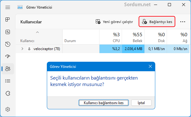 Görev yöneticisi üzerinden oturumu kapat Görev yöneticisi üzerinden oturumu kapat