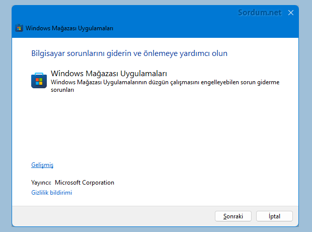 Windows mağaza uygulamaları sorun giderici
