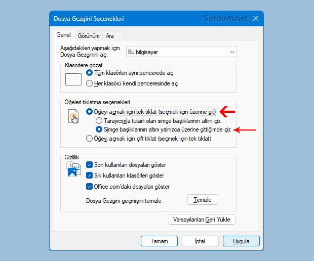 Öğeyi açmak için tek tıklat