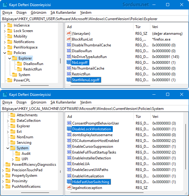 Oturumu kapat seçeneğini kaldır registry kaydı Oturumu kapat seçeneğini kaldır registry kaydı