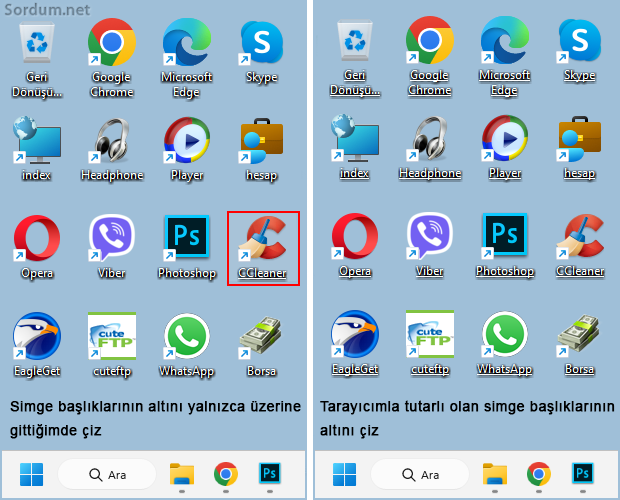 simgelerin altını çiz ayarı