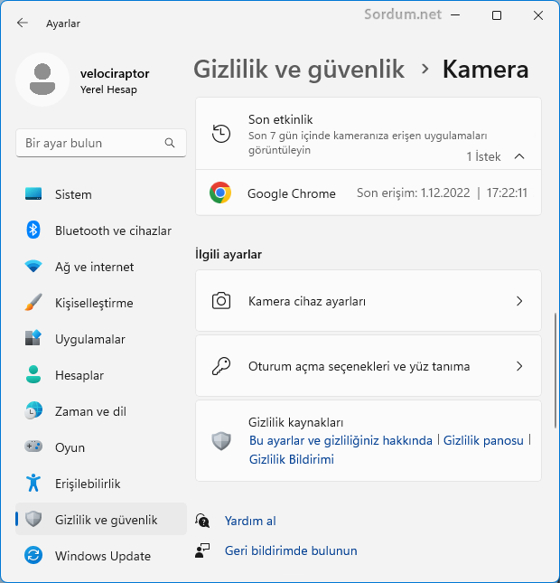 Web kamerası son etkinlik geçmişini görün