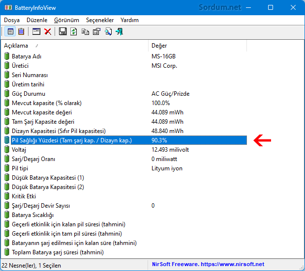 bateryinfoview ile pil aşınma düzeyi