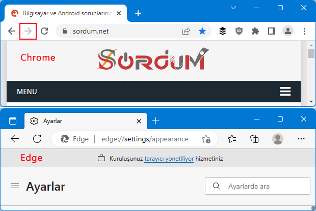 Microsoft EDGE de ileri butonu yok