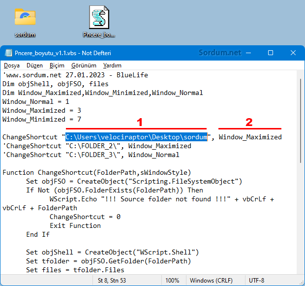 Pencere boyutunu Vbscript ile belirle