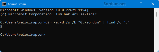 Komut istemi ile Klasör ve dosya sayısını bulun
