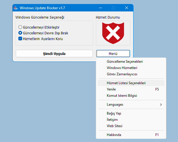 Windows Update Blocker arayüzü