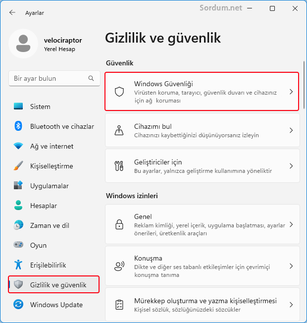 Ayarlar kısmında Windows güvenliği Ayarlar kısmında Windows güvenliği