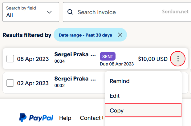 Paypalda son yollanan faturayı editle