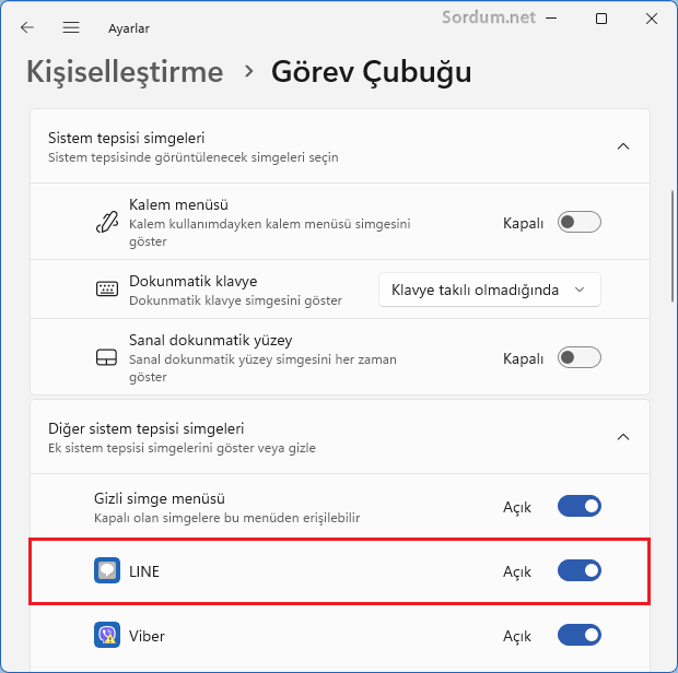 Diğer sistem tepsisi simgeleri ayarı
