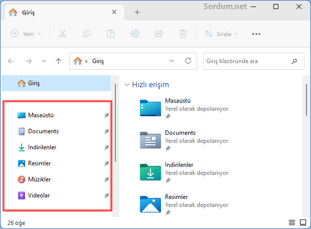 Dosya gezgini Hızlı erişim kısmı Dosya gezgini Hızlı erişim kısmı