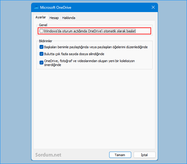 One drive açılışta başlamasın ayarı