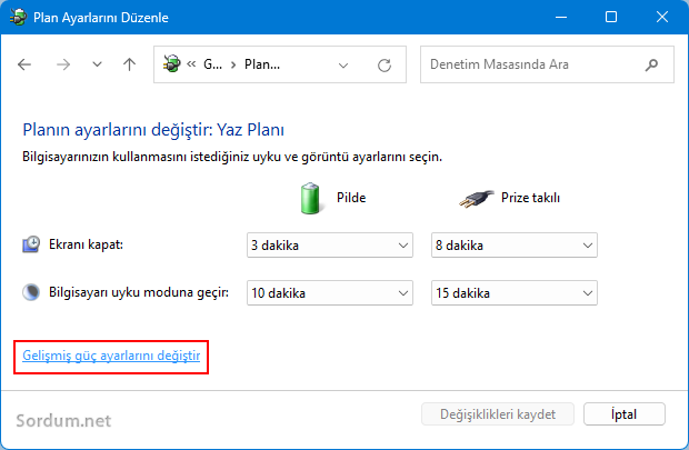 Gelişmiş Güç ayarlarını değiştir
