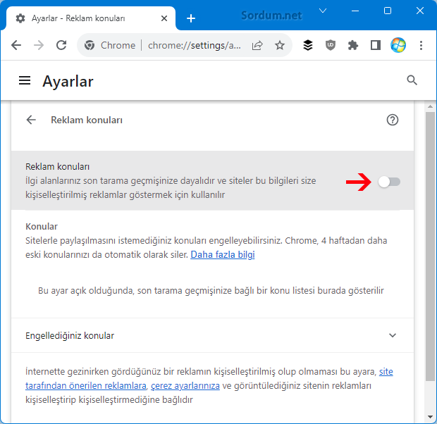 Google chrome hedefli reklam göstermesin ayarı kapalı