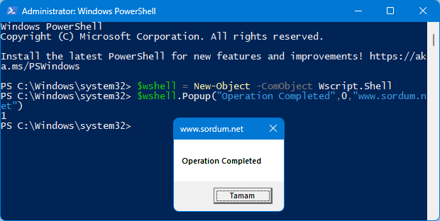 Powershell de popup örneği