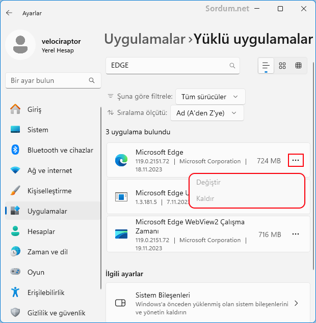Edge Değiştir veya kaldır silik