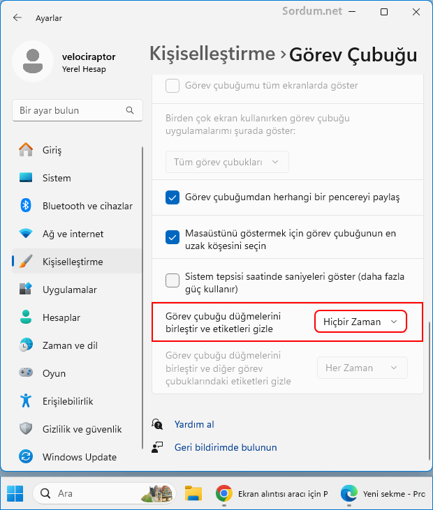 Görev çubuğundaki simge etiketlerini gizleme ayarı