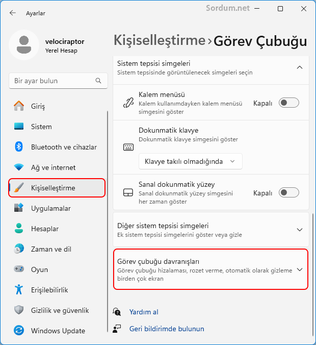 Görev çubuğu davranışları
