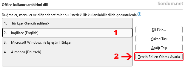 Yeni inen Office dilini görüntüleme dili yap Yeni inen Office dilini görüntüleme dili yap