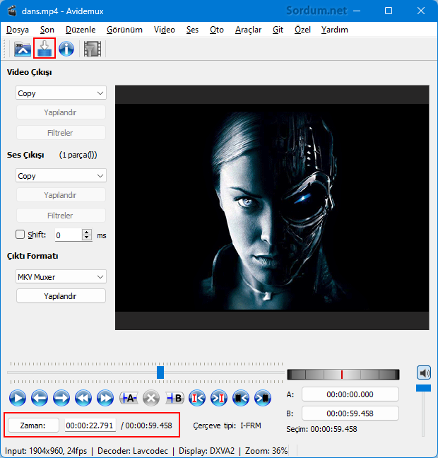 Avidemux ile birleştirilen videoyu kaydet