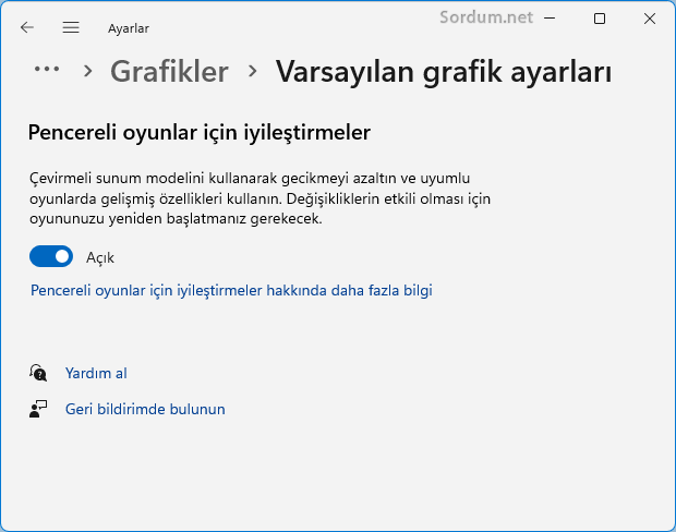 Oyun için İyileştirme ayarı Oyun için İyileştirme ayarı