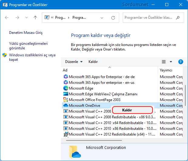 Program ve özelliklerden OneDrive ı kaldır