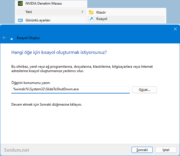 Yeni kısayol penceresi