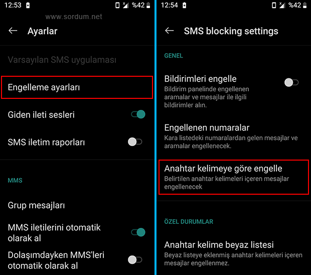 Anahtar kelimeye göre engelleme ayarları
