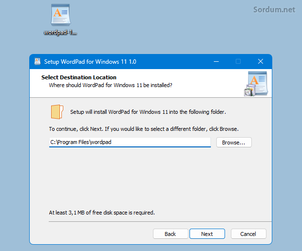 Wordpad kurulum ekranı Wordpad kurulum ekranı
